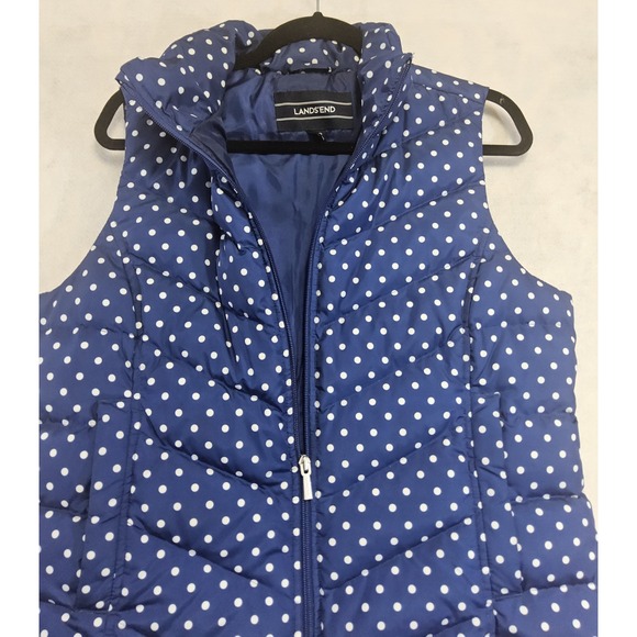 Lands End Down Puffer Vest Womens M P MP 10 Petite Blue White Polka Dot Quilted - Picture 5 of 6